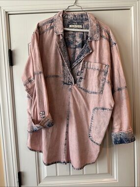 We The Free Acid Wash Pink and Blue Denim Jacket